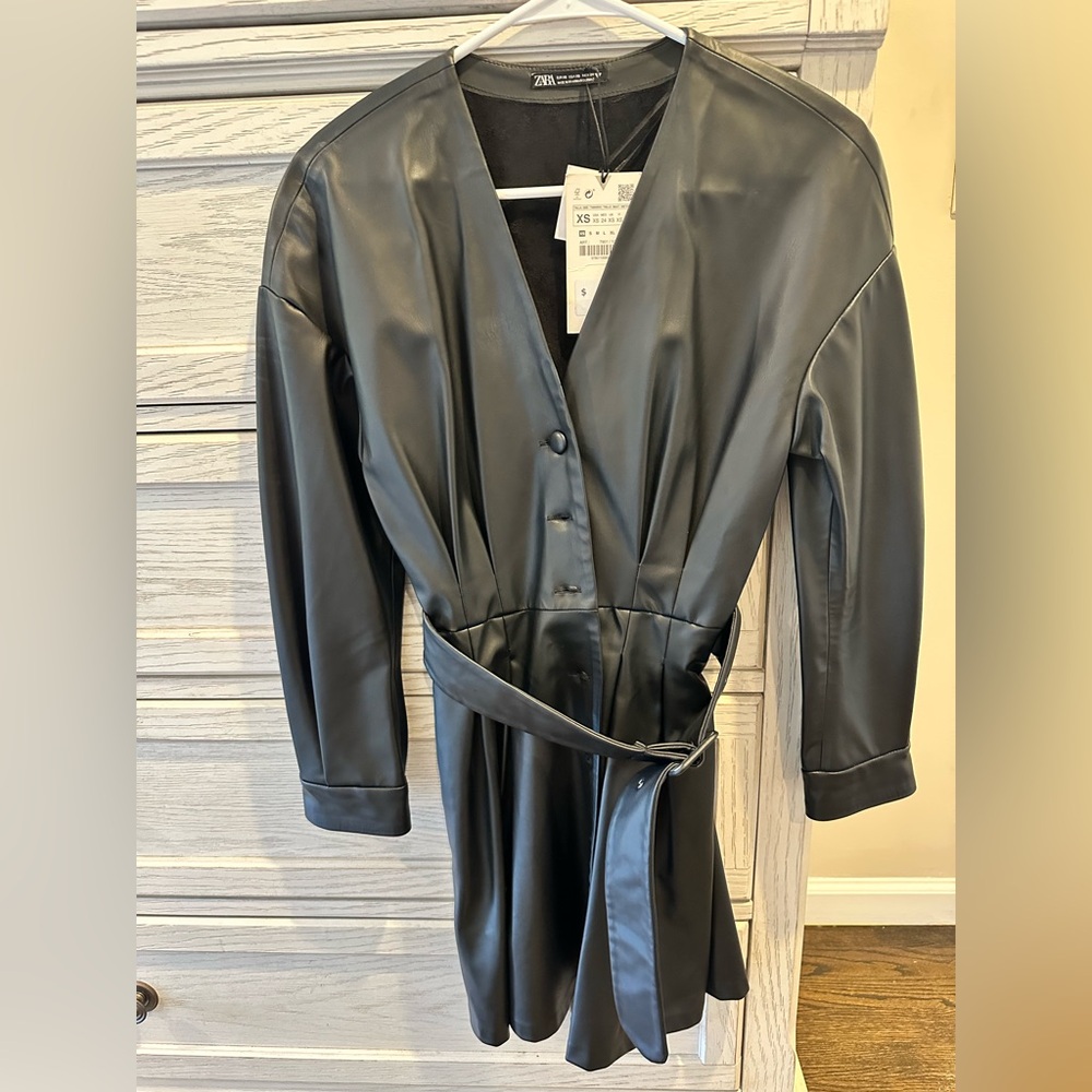 Zara NWT Black Faux Classy & Flirty Leather Belted Dress size XS